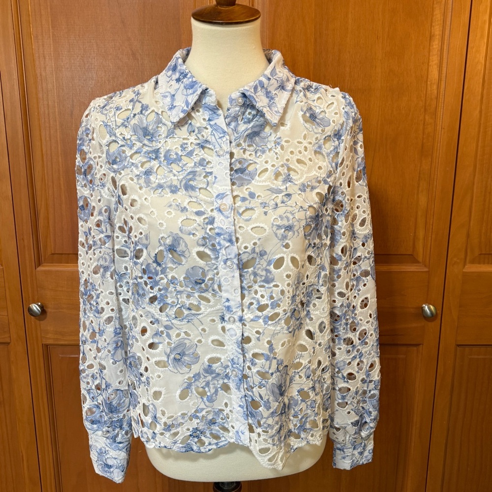 Caroline Constas White Blue Floral Eyelet Lace Button-Up Blouse